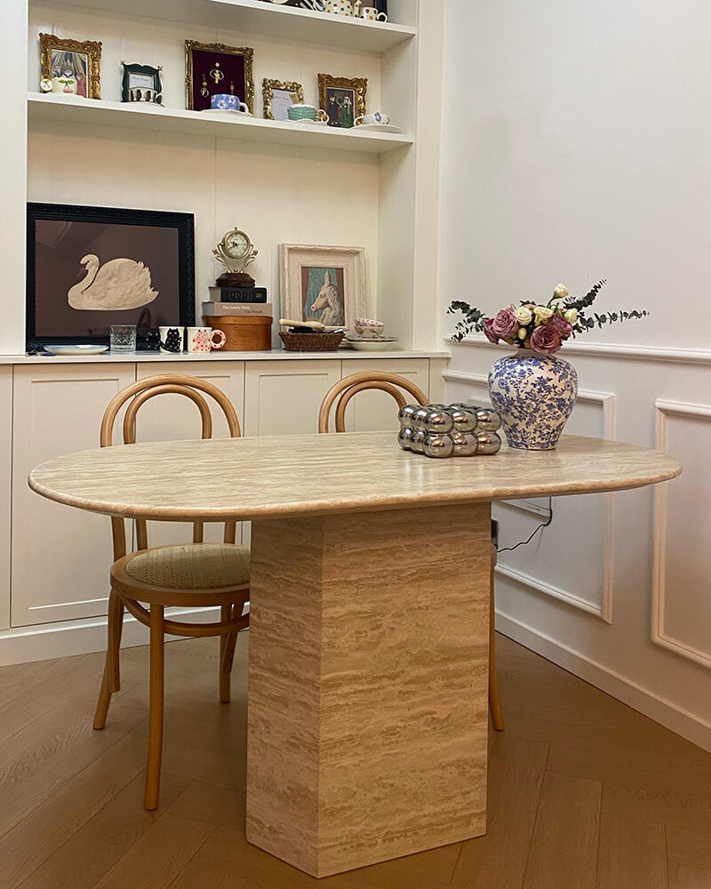 Natural Marble Beige Travertine T Dining Table