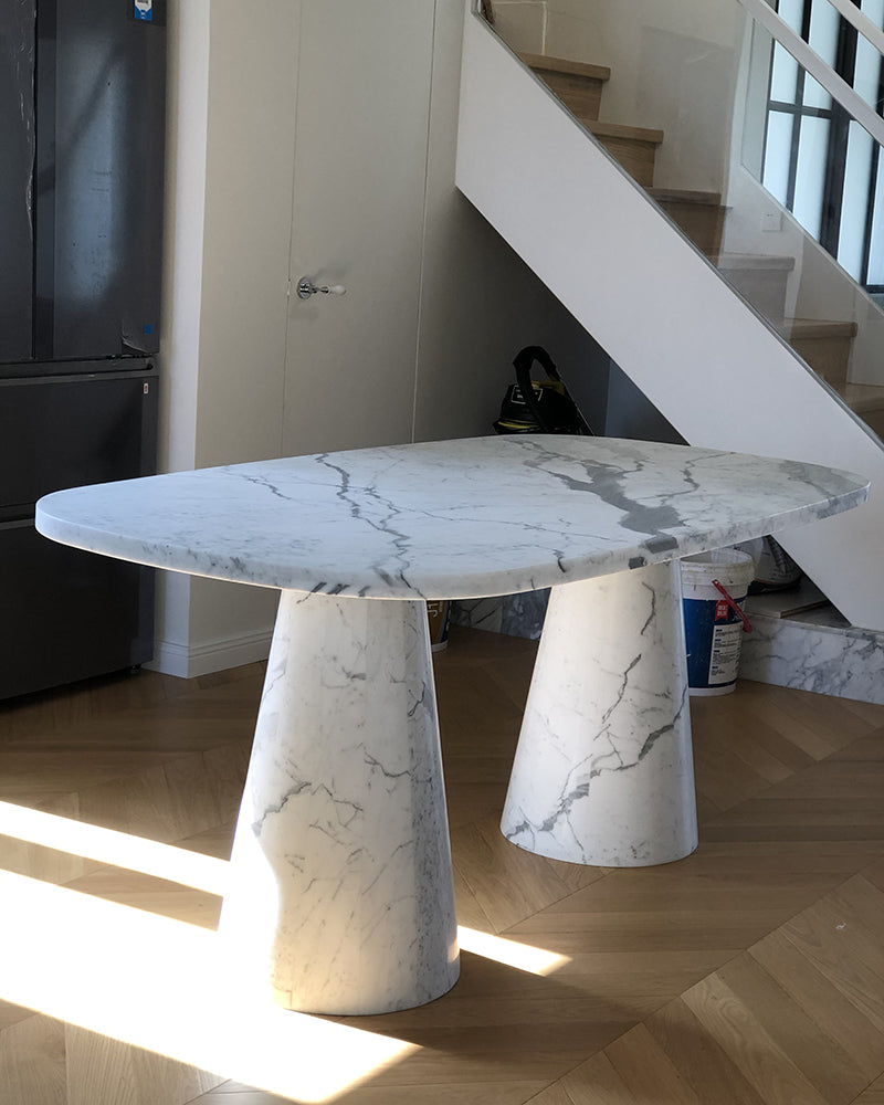Natural Marble Bianco Statuario Venato Rounded Rectangle Dining Table