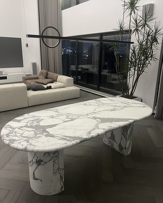 Natural Marble Calaeatta White Dining Table - Semi-cyl Base