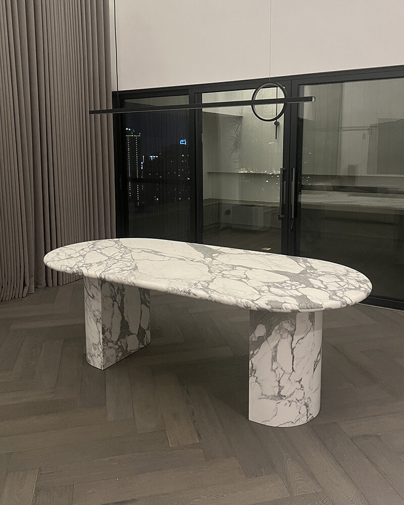 Natural Marble Calaeatta White Dining Table - Semi-cyl Base