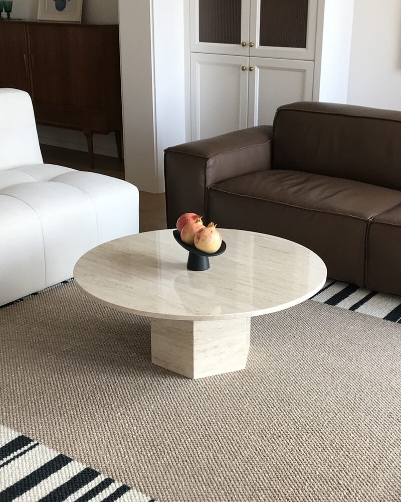 Natural Marble Neutral White Travertine Round Coffee Table