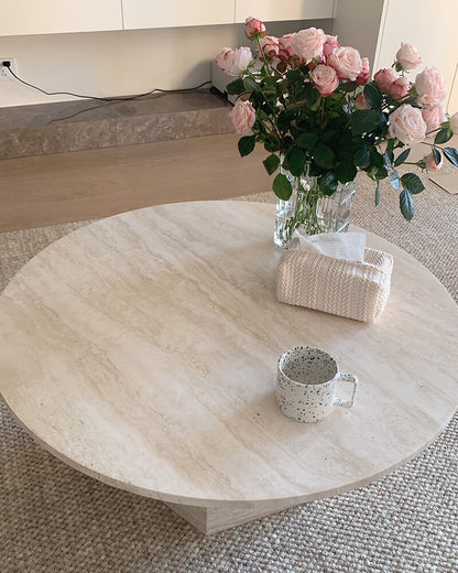 Natural Marble Neutral White Travertine Round Coffee Table