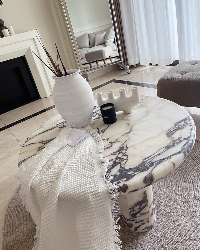 Natural Marble Round Coffee Table - Cylinder Base