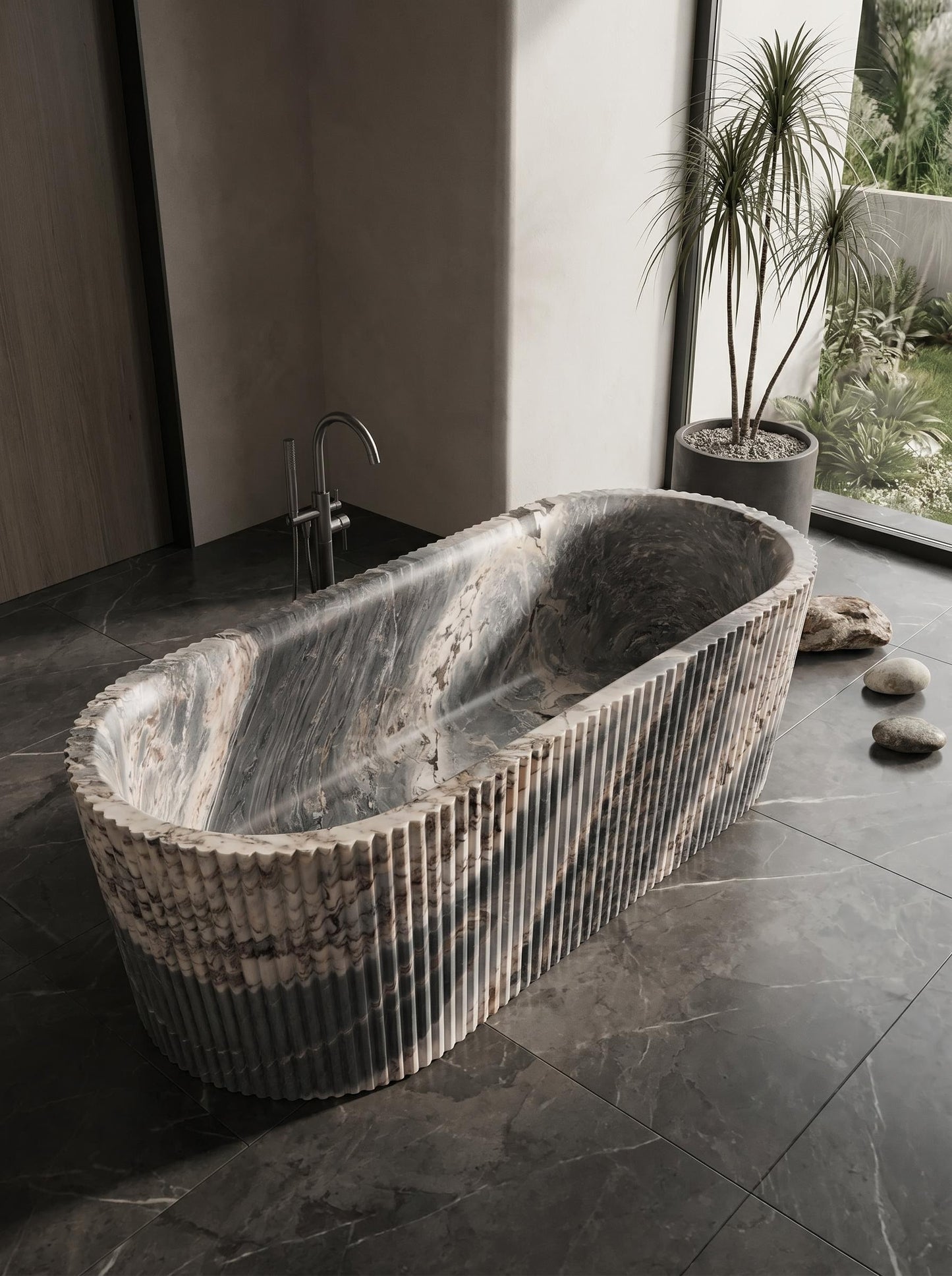 Luxury Ocean Storm Marble Freestanding Bathtub with Sculptural Petal Edge | Natural Stone Bath