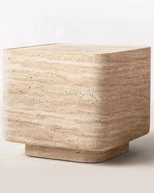 Natural Beige Taravertine Carved Square Side Table