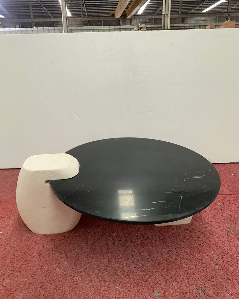 Nero Margiua Marble Coffee Table-White Travertine Block Base