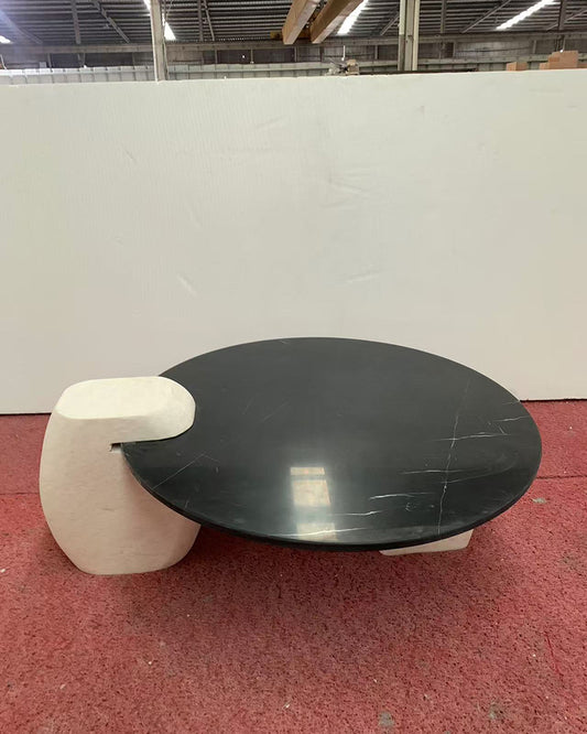 Nero Margiua Marble Coffee Table-White Travertine Block Base