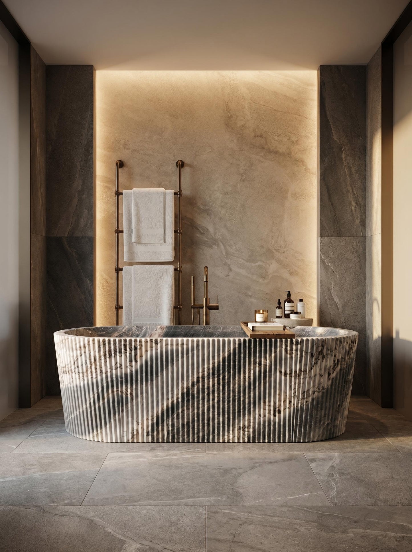 Luxury Ocean Storm Marble Freestanding Bathtub with Sculptural Petal Edge | Natural Stone Bath