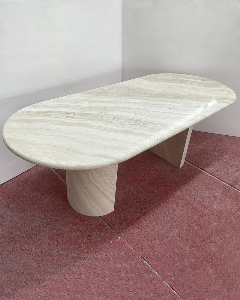 White Travertine Wave Dining Table - Semi-cyl Base