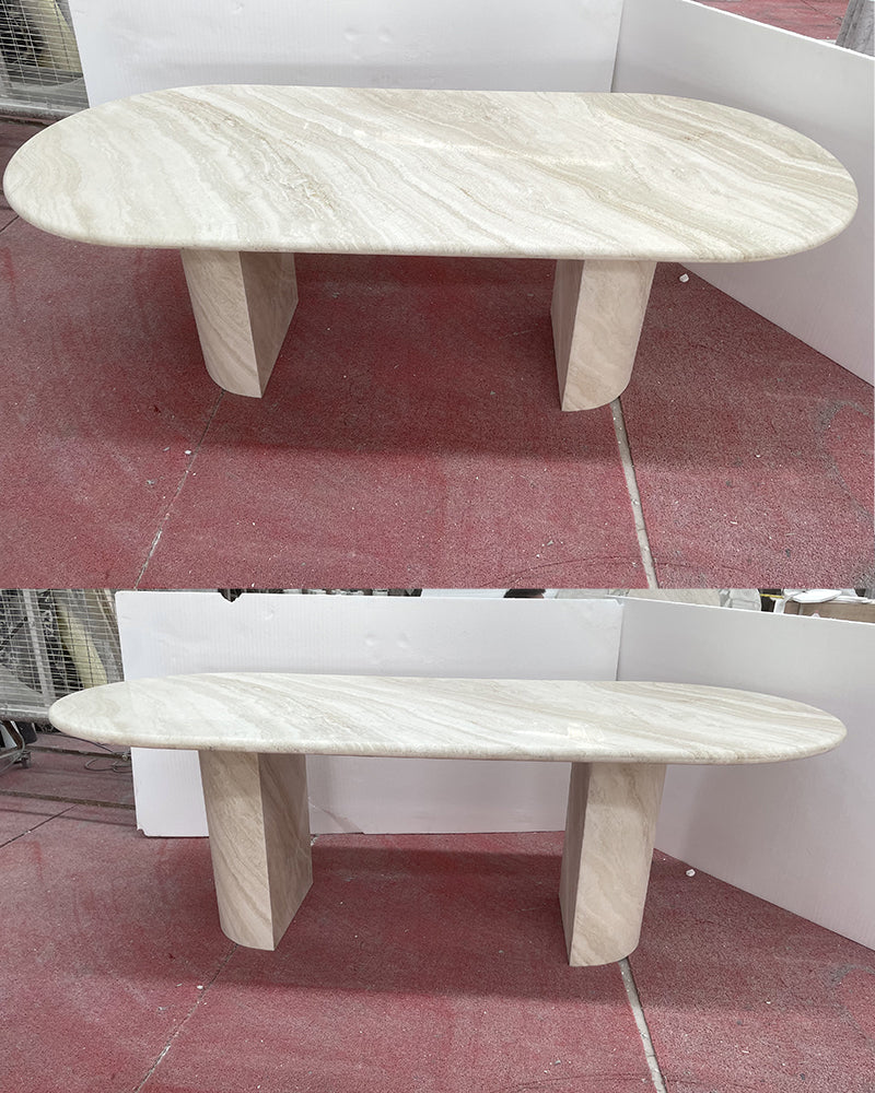 White Travertine Wave Dining Table - Semi-cyl Base