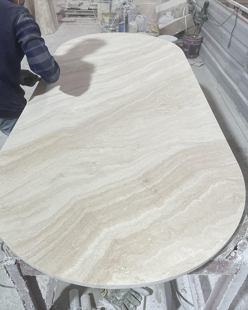 White Travertine Wave Dining Table - Semi-cyl Base