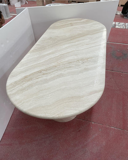 White Travertine Wave Dining Table - Semi-cyl Base