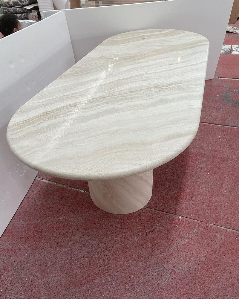 White Travertine Wave Dining Table - Semi-cyl Base