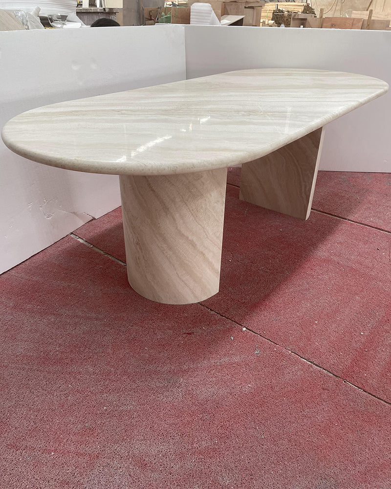 White Travertine Wave Dining Table - Semi-cyl Base