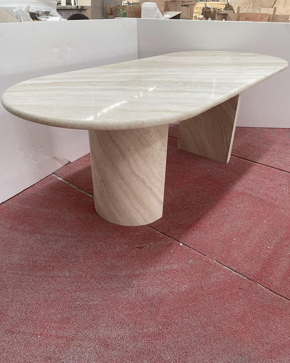 White Travertine Wave Dining Table - Semi-cyl Base