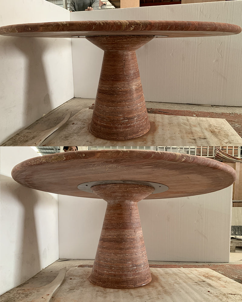 Red Travertine Round Conical Base Dining Table