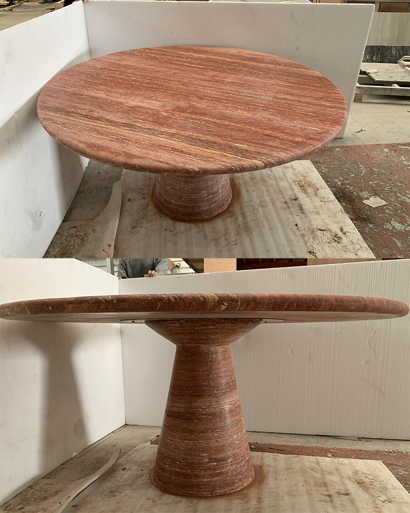 Red Travertine Round Conical Base Dining Table