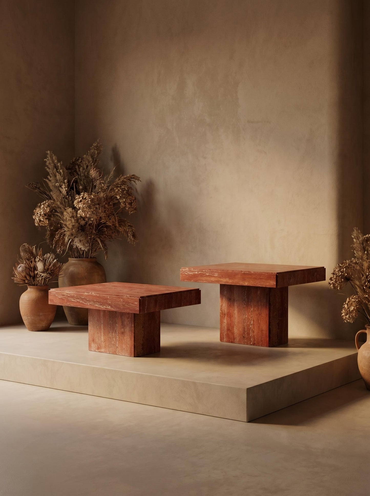 Red Travertine Rectangle Coffee Table Set