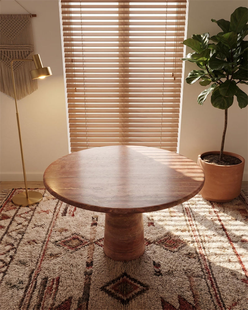 Red Travertine Round Conical Base Dining Table