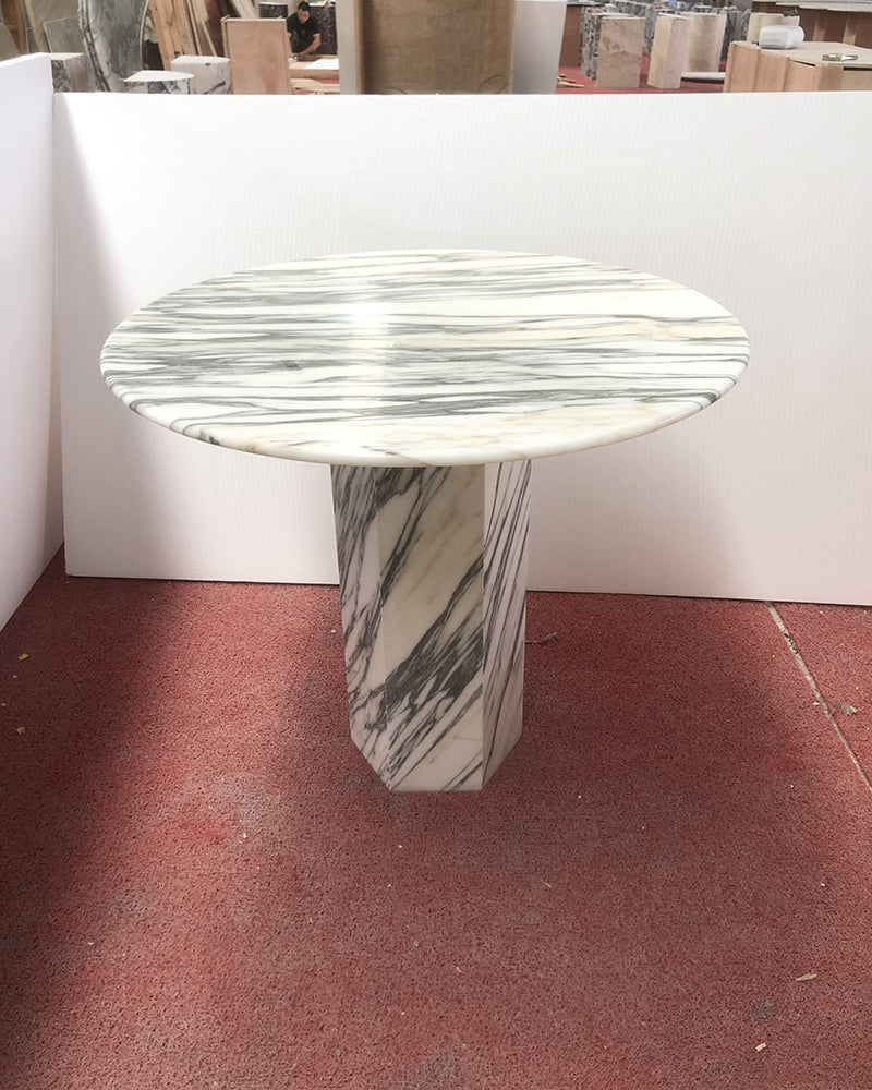 Round Arabescato Marble Dining Table with Hexagon Base