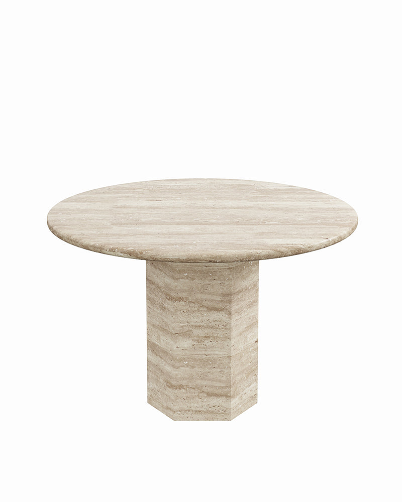 Round Beige Travertine Dining Table with Hexagon Base