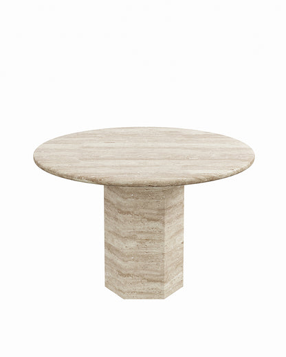 Round Beige Travertine Dining Table with Hexagon Base