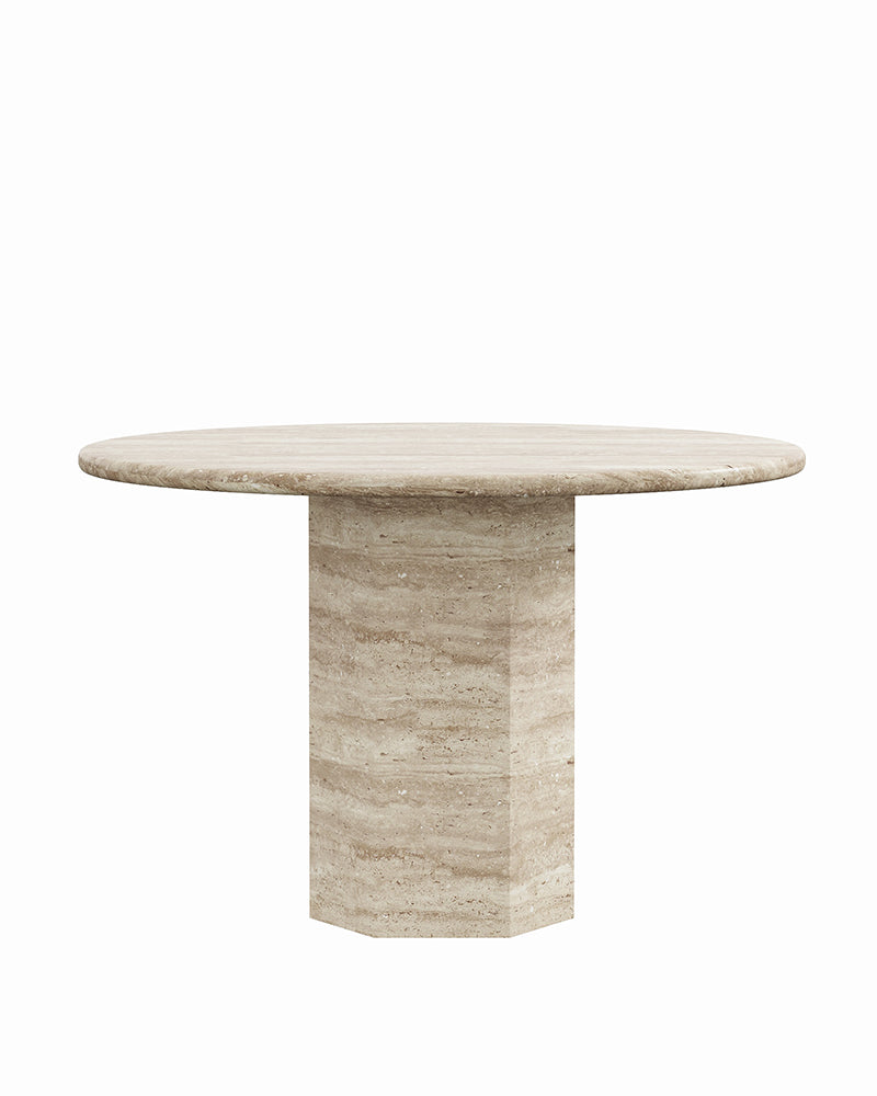 Round Beige Travertine Dining Table with Hexagon Base