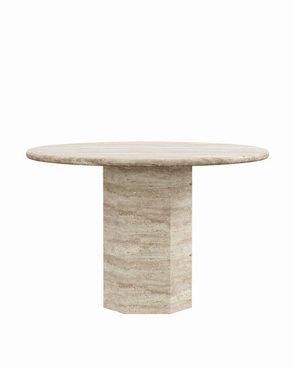 Round Beige Travertine Dining Table with Hexagon Base