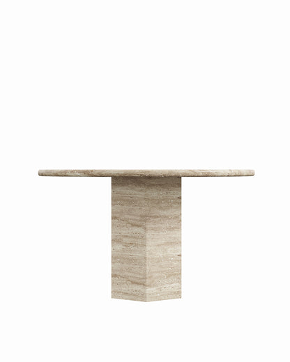 Round Beige Travertine Dining Table with Hexagon Base