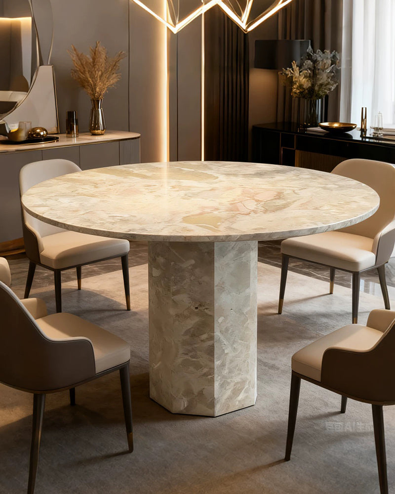 Round Breccia Rose Marble Dining Table with Hexagon Base
