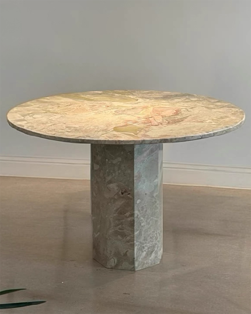 Round Breccia Rose Marble Dining Table with Hexagon Base