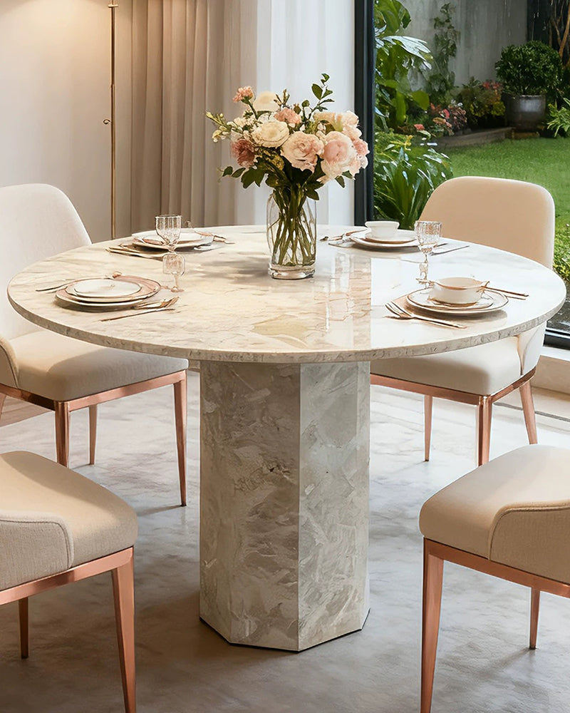 Round Breccia Rose Marble Dining Table with Hexagon Base