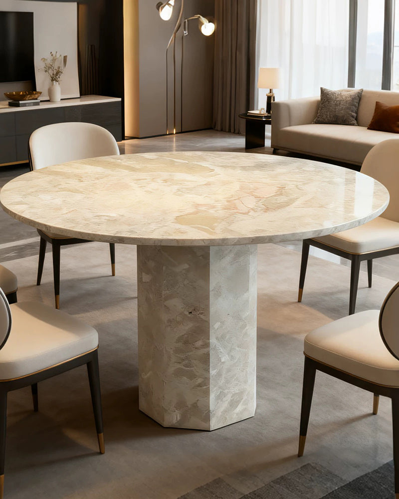 Round Breccia Rose Marble Dining Table with Hexagon Base