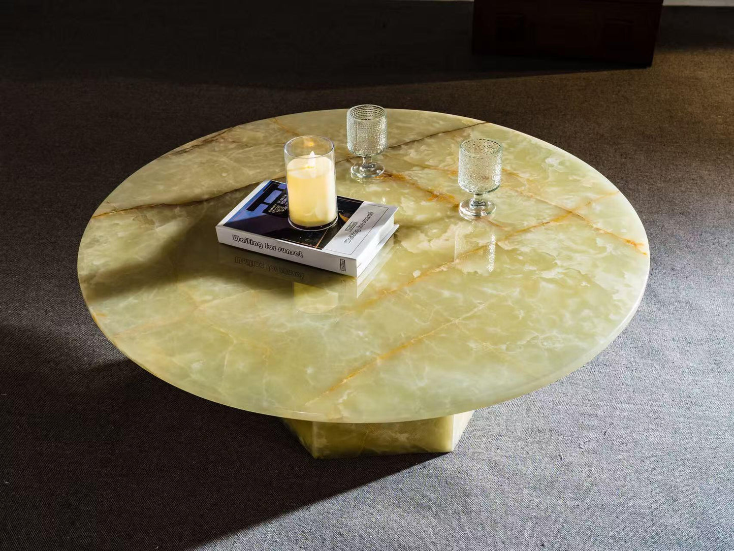 Luxury Green Onyx Round Coffee Table with Hexagonal Base | Natural Stone Marble Coffee Table