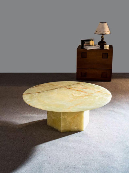 Luxury Green Onyx Round Coffee Table with Hexagonal Base | Natural Stone Marble Coffee Table