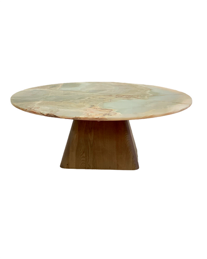Round Green Onyx Coffee Table - Wooden Base