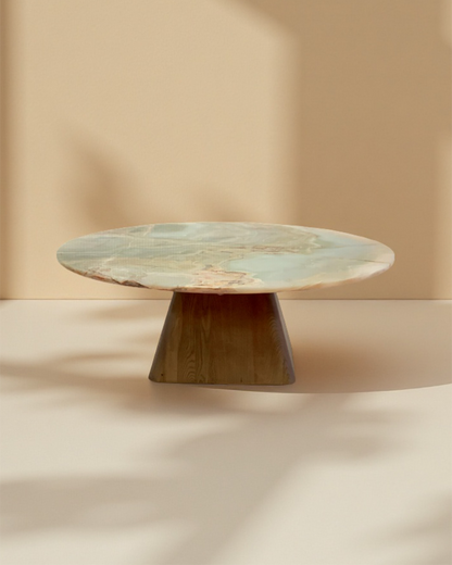 Round Green Onyx Coffee Table - Wooden Base