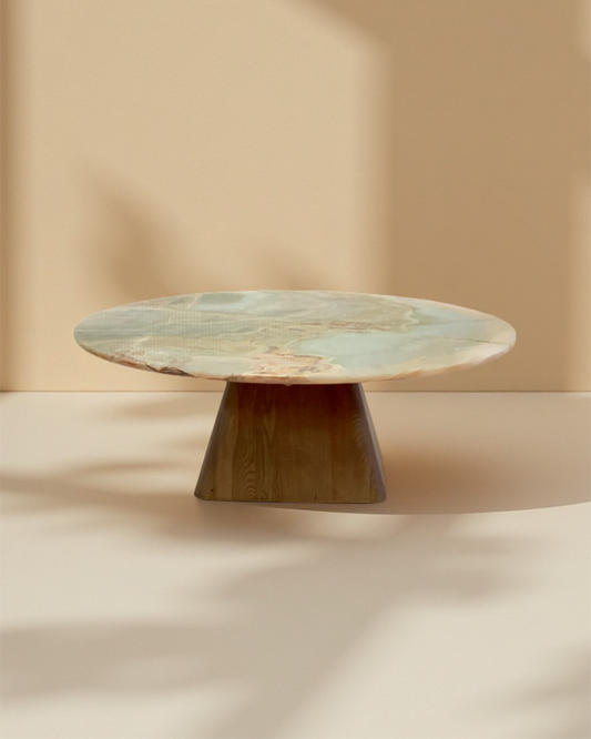 Round Green Onyx Coffee Table - Wooden Base