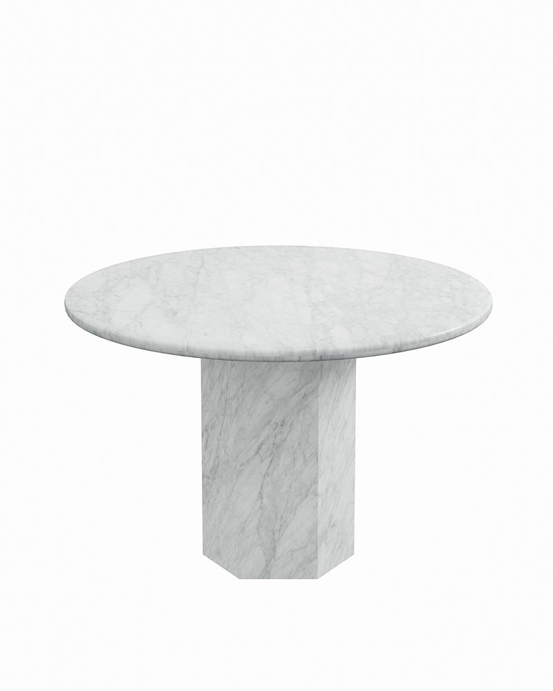 Round White Carrara Marble Dining Table with Hexagon Base