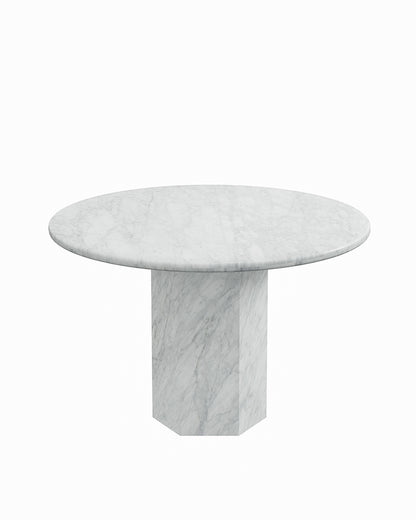 Round White Carrara Marble Dining Table with Hexagon Base