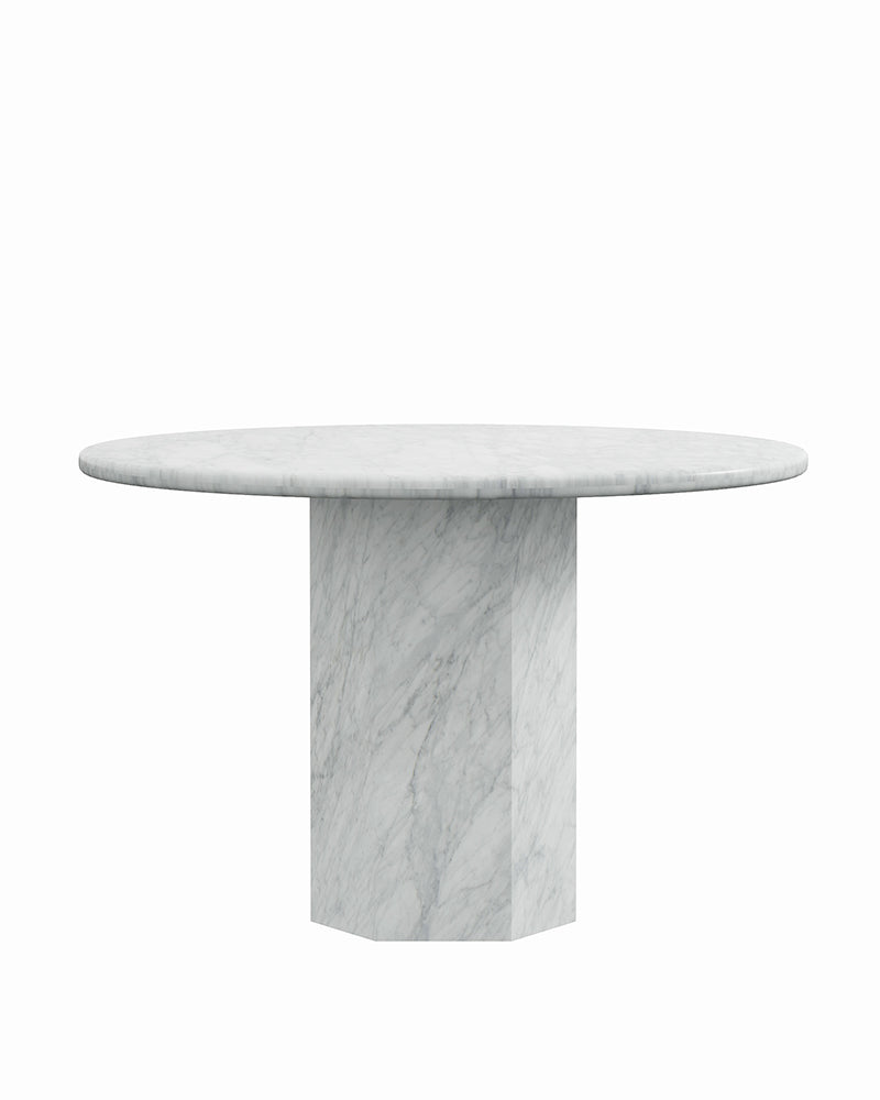 Round White Carrara Marble Dining Table with Hexagon Base