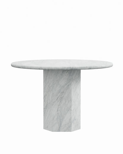 Round White Carrara Marble Dining Table with Hexagon Base