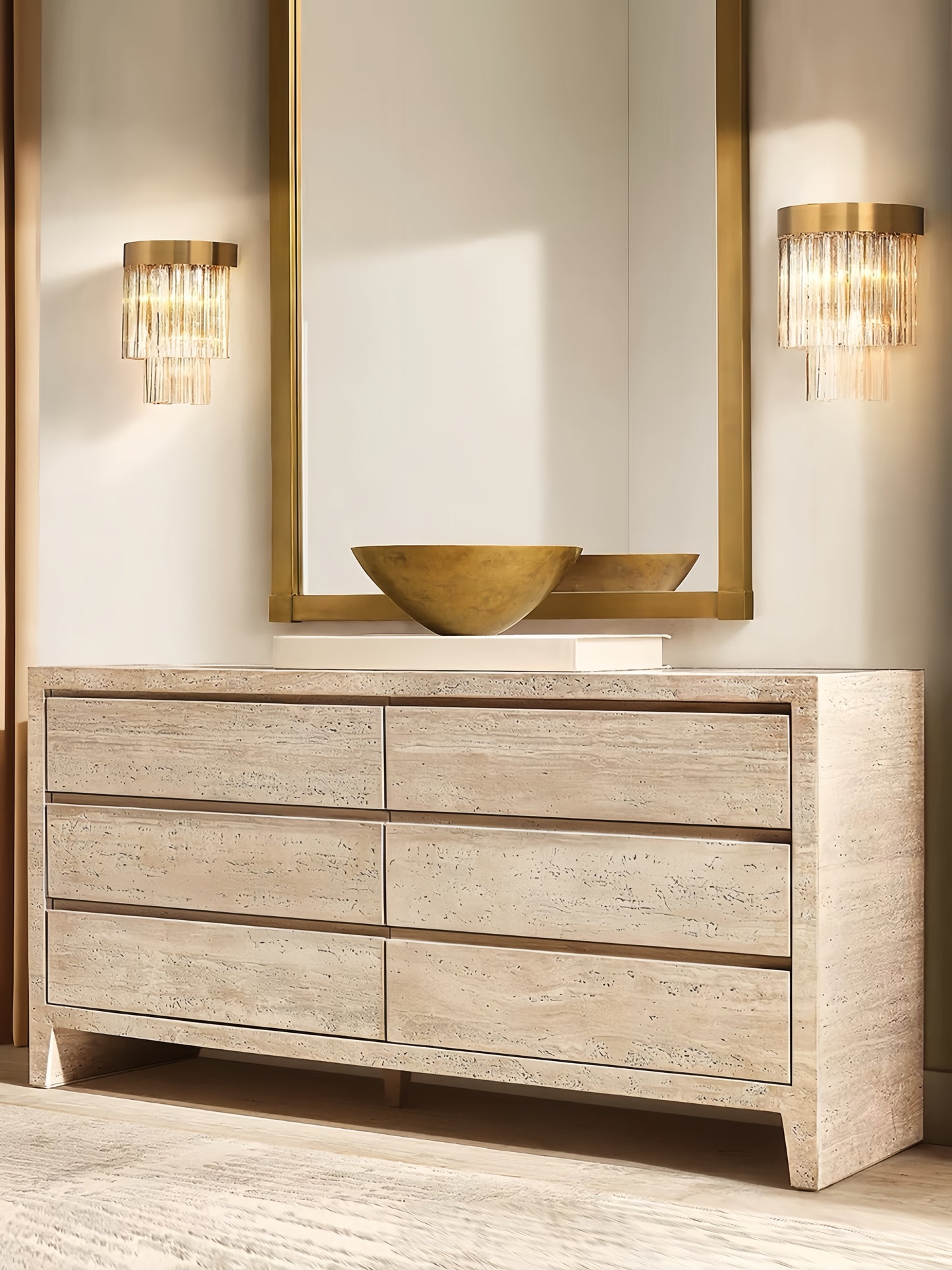 Travertine Entryway Cabinet  |Travertine Sideboard | 6-Drawer Dresser |Storage Cabinet