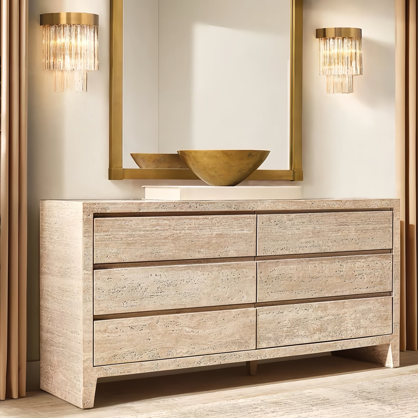 Travertine Entryway Cabinet  |Travertine Sideboard | 6-Drawer Dresser |Storage Cabinet
