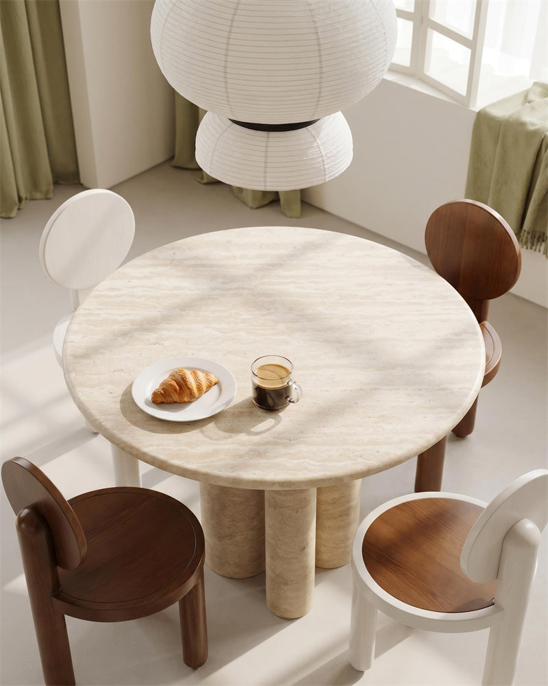 Natural Marble Beige Travertine Dining Table - Block Base