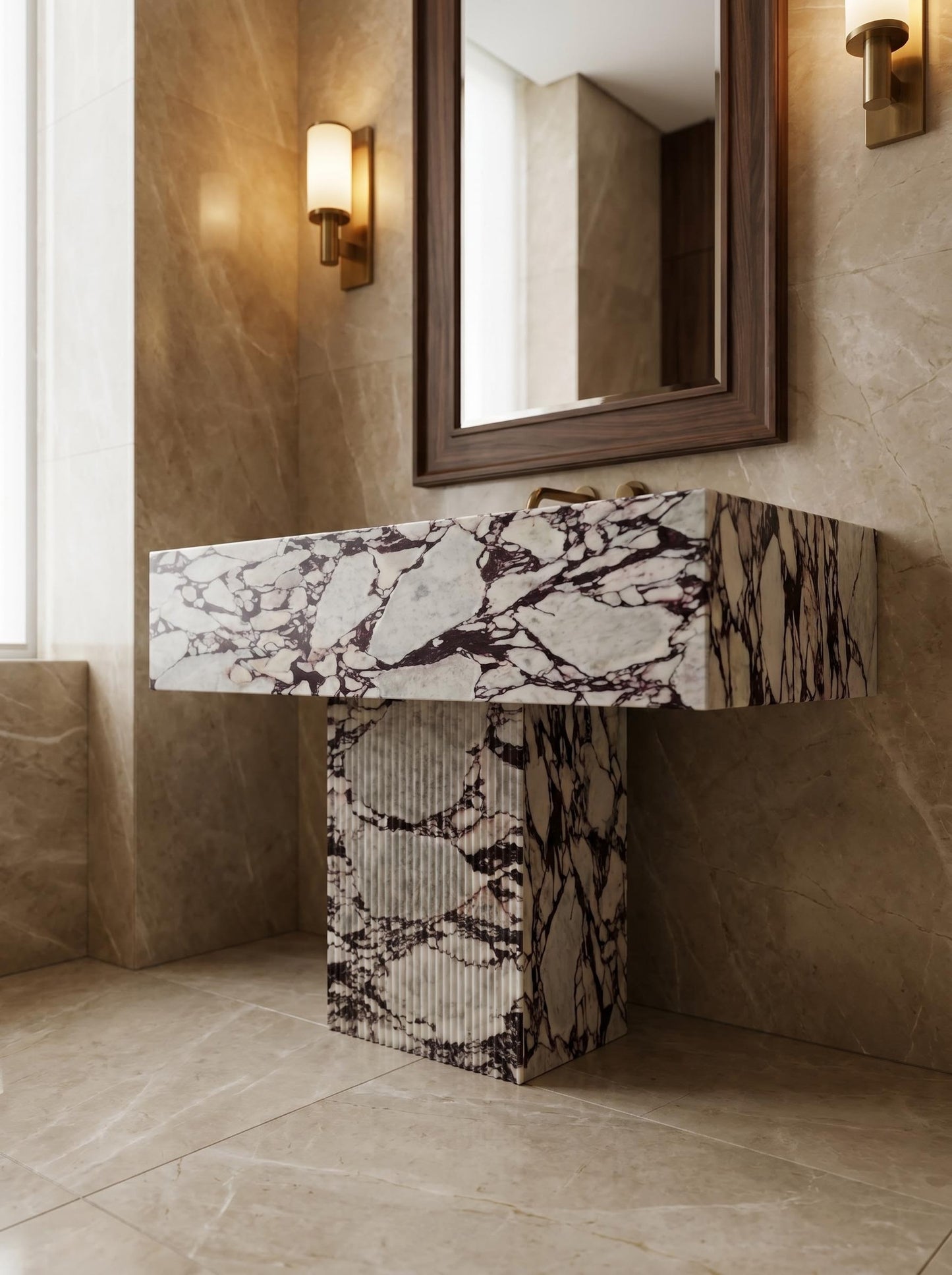 Natural Marble Pedestal Vanity with Single Sink