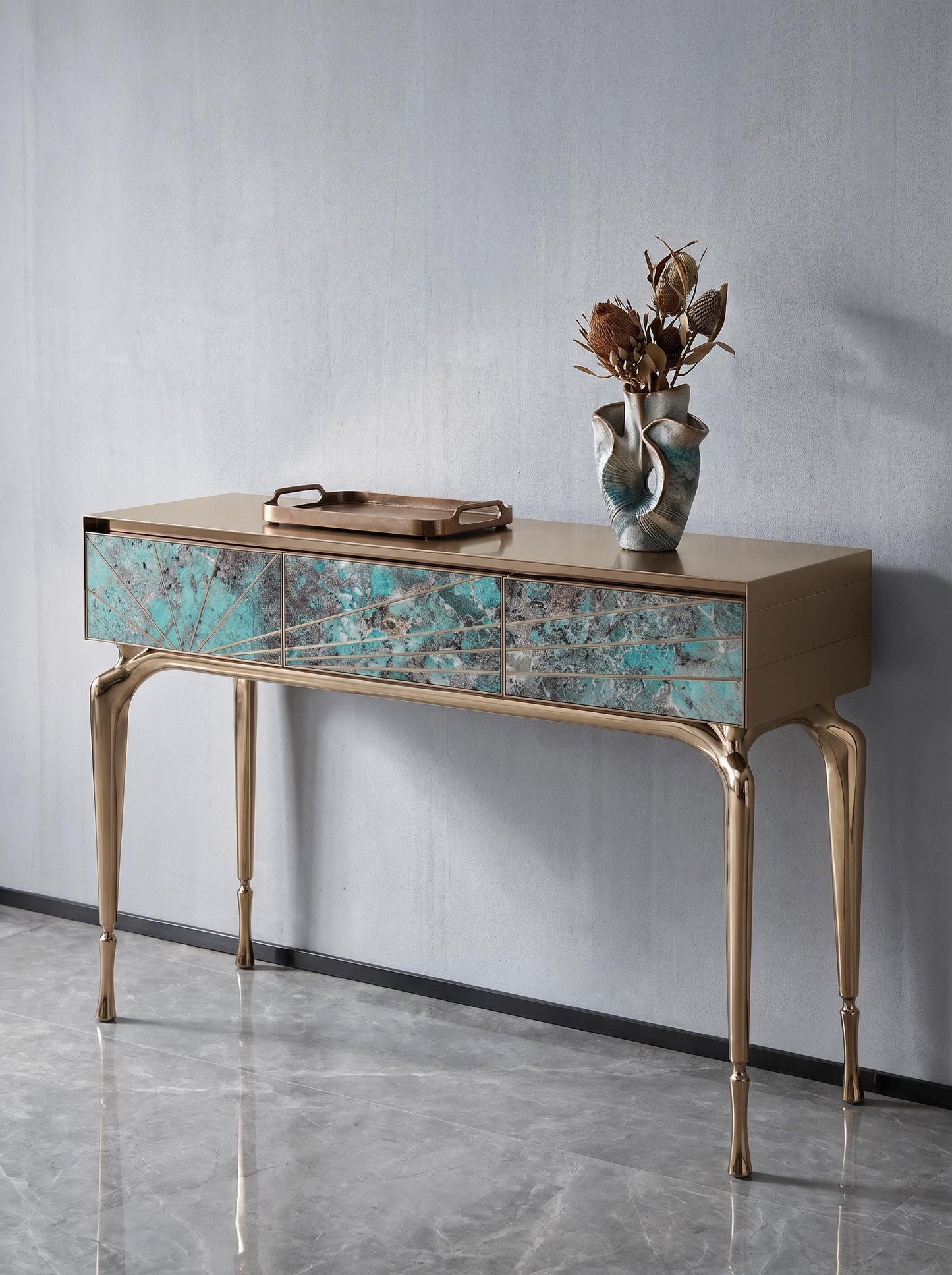 Luxury Stone Inlay Console Table with Three Drawers | Custom Natural Stone Entryway Table