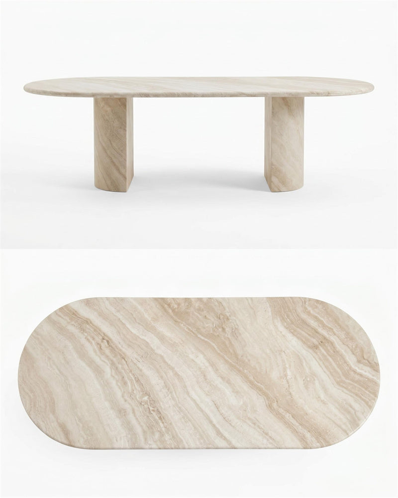 White Travertine Wave Dining Table - Semi-cyl Base