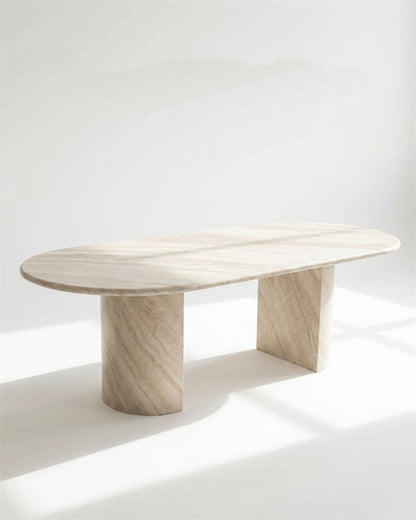 White Travertine Wave Dining Table - Semi-cyl Base