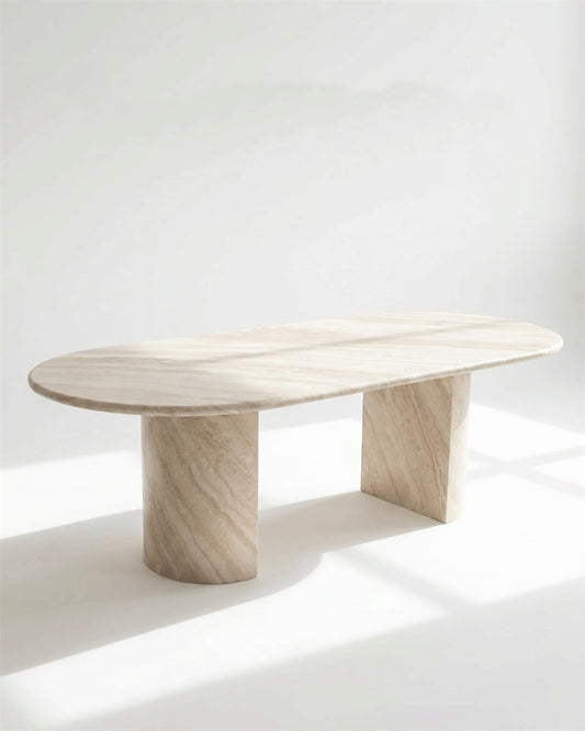 White Travertine Wave Dining Table - Semi-cyl Base